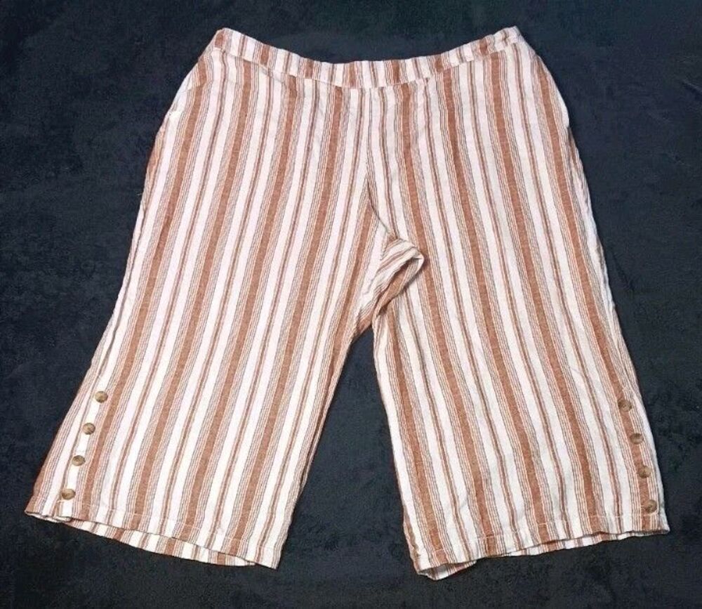 ANA Linen Blend Wide Leg Cropped Pants 2X Rust White Striped Coastal Beachy Boho